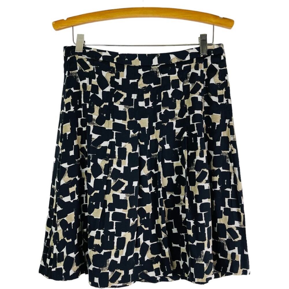 WHBM black white tan silk abstract pleated midi office preppy knee skirt 6